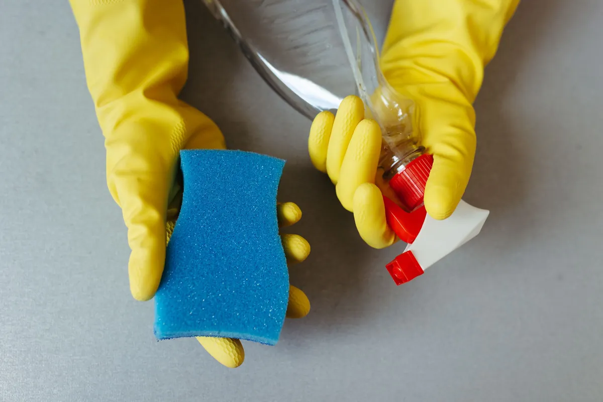Yellow gloves holding a sponge and a spray bottle