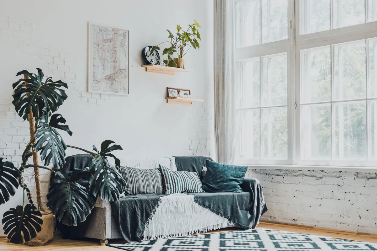 Loft living room with a monstera plant and white brick